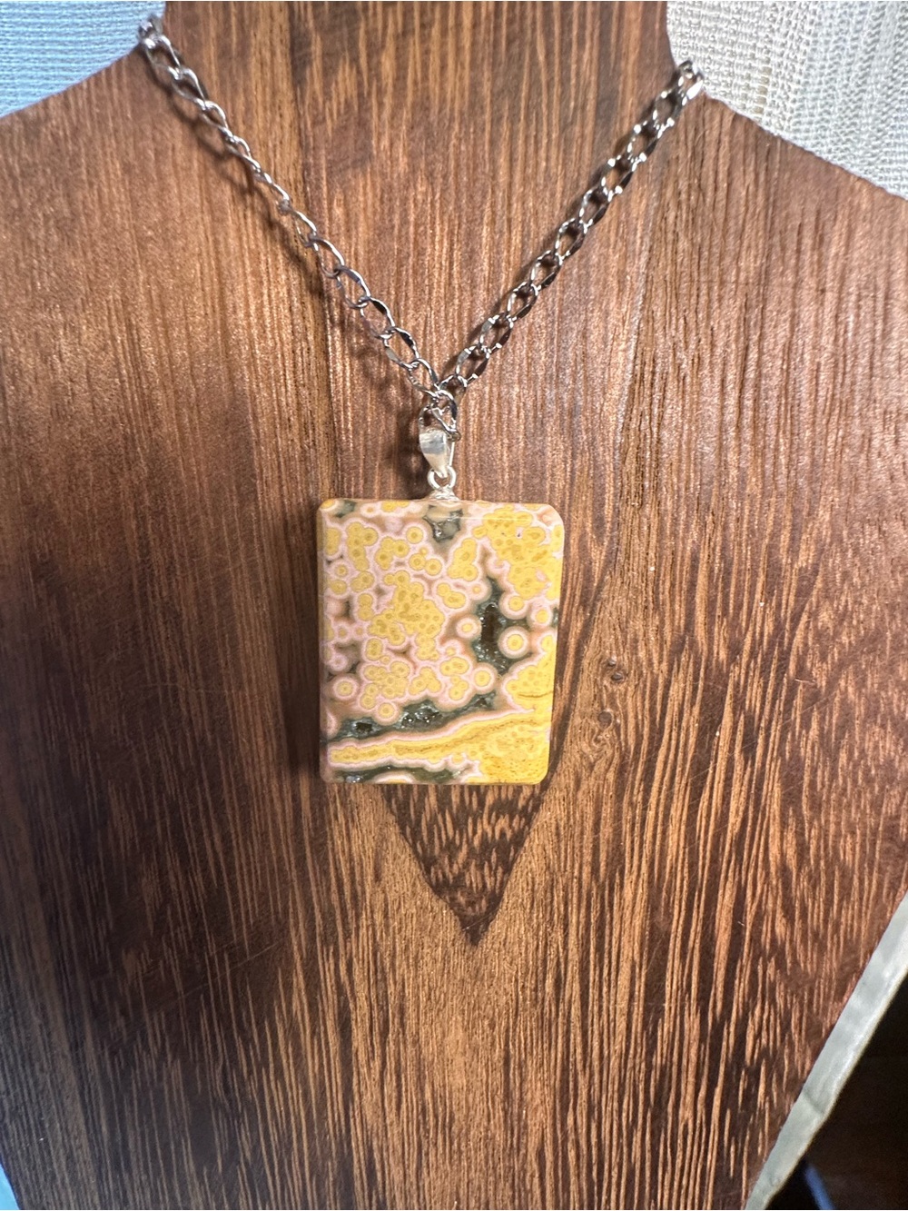 Yellow and Black Druzy Ocean Jasper Pendant Necklace on Stainless Steel Chain - Picture 9 of 16